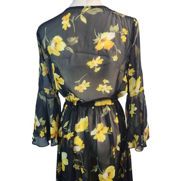 NEW POL Small Sheer Midi Maxi Dress Lingerie Cover-Up Black Yellow Floral Print - Picture 11 of 16